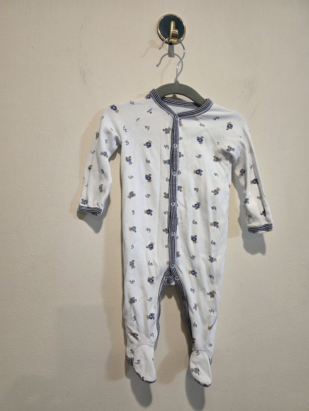 Ralph Lauren White Footed One-Piece with Navy Trim & Tan Motif